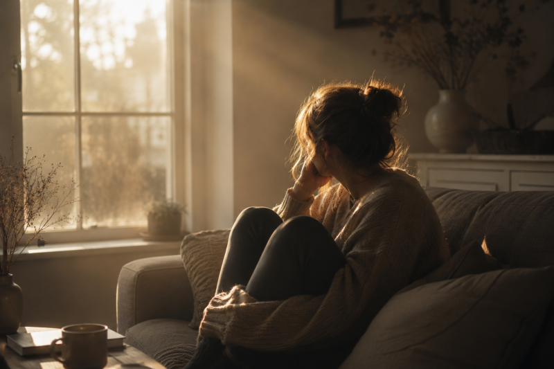 Nachdenkliche Frau sitzt erschöpft auf einem Sofa im warmen Abendlicht – Symbolbild für innere Erschöpfung, emotionale Anspannung, Rückzug und das Gefühl, dauerhaft stark sein zu müssen.