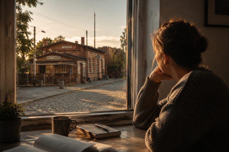 Nachdenkliche Frau blickt bei warmem Abendlicht aus einem alten Fenster auf den Bahnhof Bestensee – Symbolbild für innere Unruhe, emotionale Erschöpfung und persönliche Gespräche in ruhiger Atmosphäre.