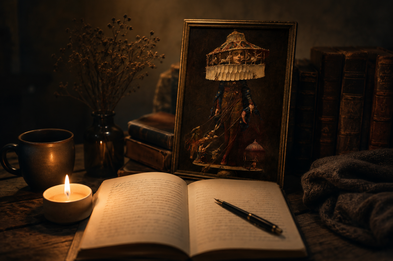 Atmosphärische Szene mit offenem Buch, Kerze und dem Karussellbild im Hintergrund – symbolisches Bild für innere Prozesse, Gedanken und Misophonie.