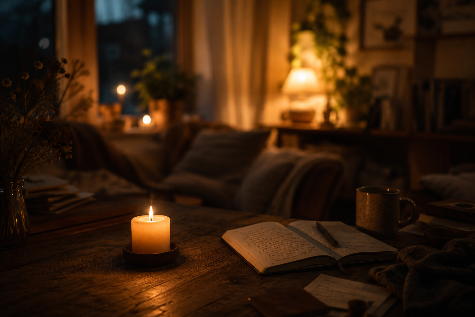 Warmer, stimmungsvoller Raum mit Kerze auf dunklem Holztisch, offenem Buch und weichem Licht im Hintergrund – symbolisches Bild für Ruhe, Reflexion und emotionale Entlastung.