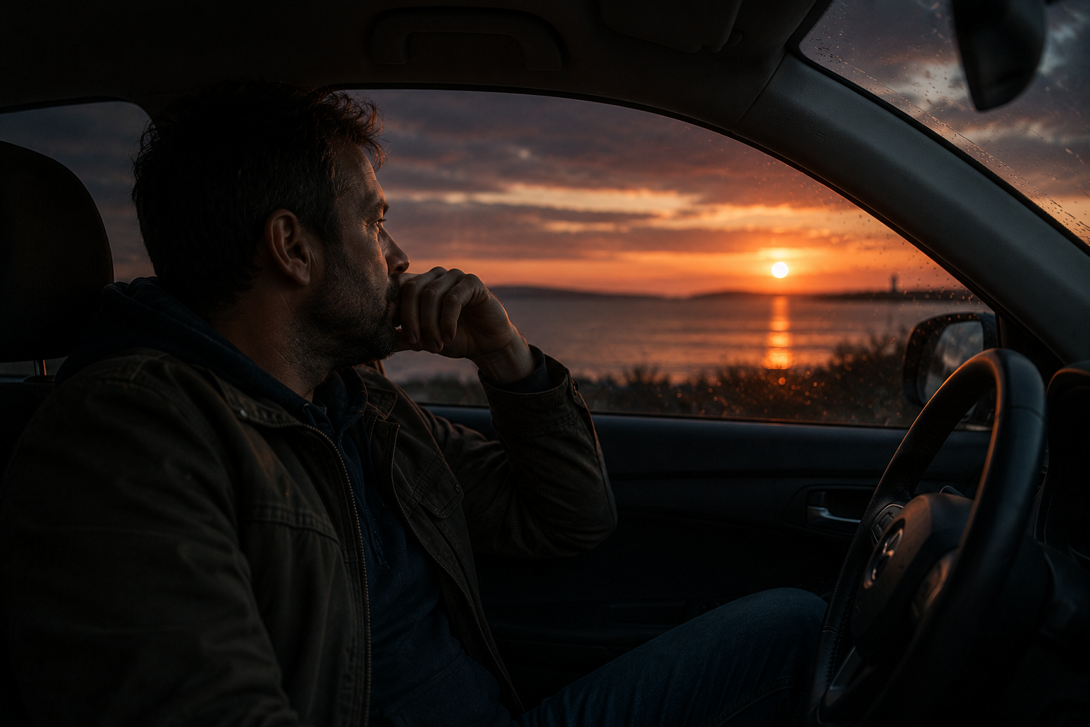 Nachdenklicher Mann sitzt bei Abendstimmung allein im Auto und blickt auf einen Sonnenuntergang am Wasser. Ruhige emotionale Szene über innere Fragen, Rückzug und Gedankenkarussell.