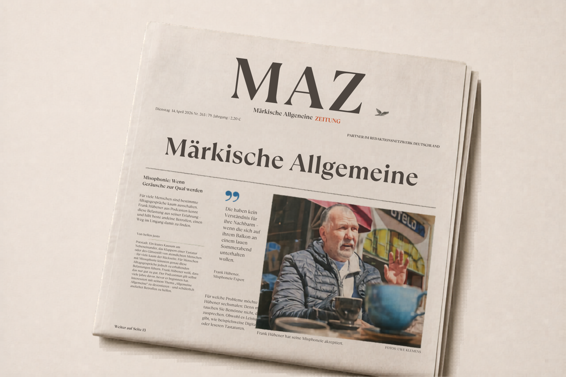 Zeitungscover der Märkischen Allgemeinen Zeitung mit großem Bericht über Frank Hübener und Misophonie. Thema des Artikels ist der Umgang mit Alltagsgeräuschen, emotionale Belastung und Aufklärung über Misophonie.