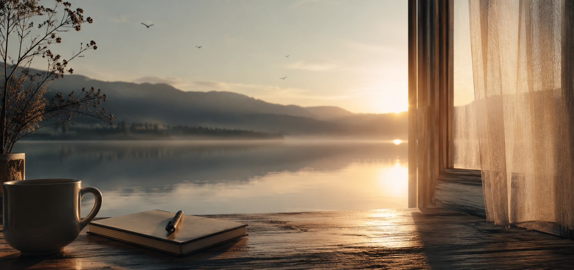 Ruhiger Blick auf einen See bei Sonnenaufgang mit Notizbuch und Stift am Fenster als Symbol für Selbstreflexion, innere Prozesse, Misophonie, Nervensystem und emotionale Verarbeitung.
