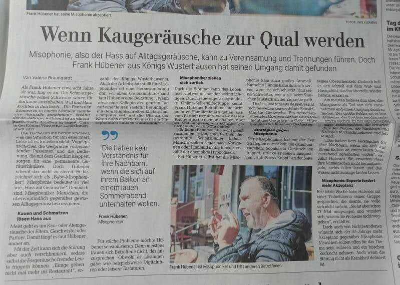 Zeitungsartikel der Märkischen Allgemeinen Zeitung über Frank Hübener und Misophonie – Bericht über persönliche Erfahrungen, emotionale Belastungen und die Arbeit der Misophonie-Gruppe.