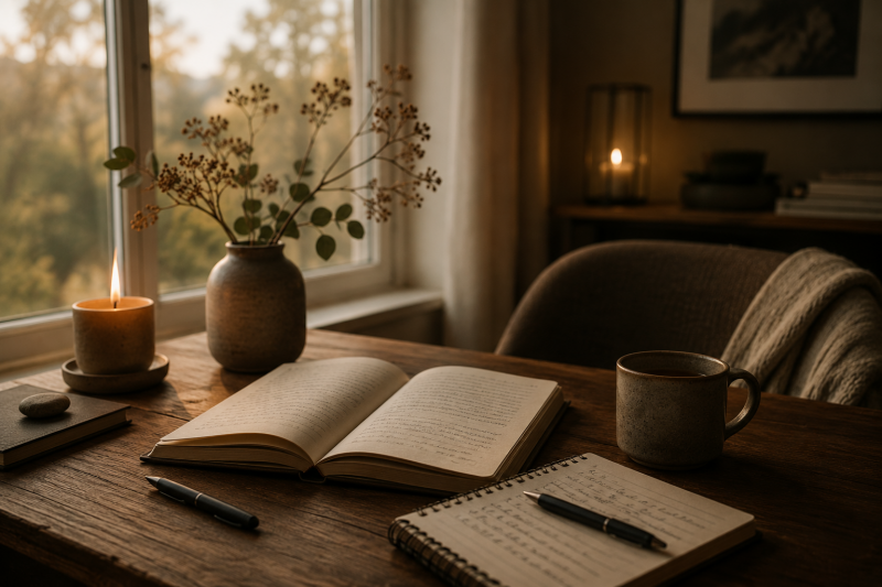 Atmosphärischer warmer Raum mit offenem Buch, handschriftlichen Notizen, Kerze und sanftem Fensterlicht – ruhige symbolische Szene für Gedanken, Reflexion und Artikel über Misophonie und innere Prozesse.