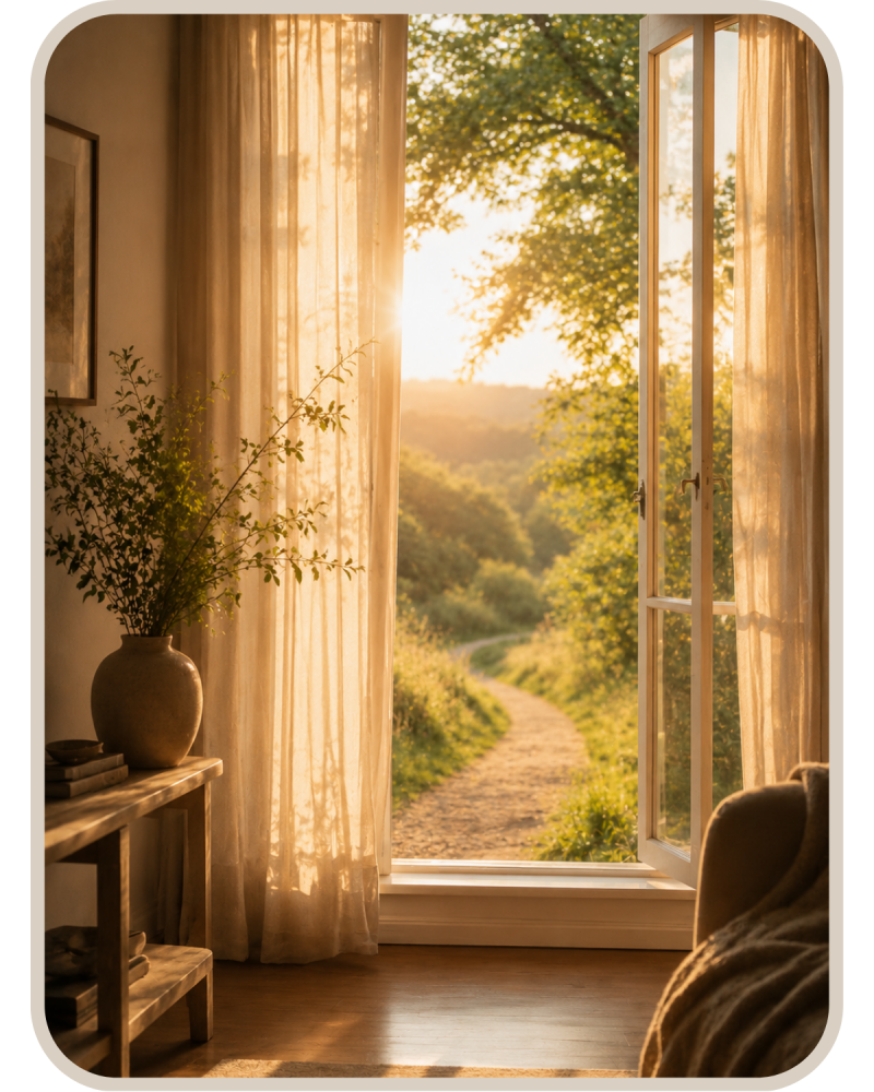 Warmes Morgenlicht fällt durch ein geöffnetes Fenster in einen ruhigen Raum, während draußen ein schmaler Weg durch die Natur führt – symbolisches Bild für Hoffnung, innere Ruhe und neue Perspektiven bei Misophonie.