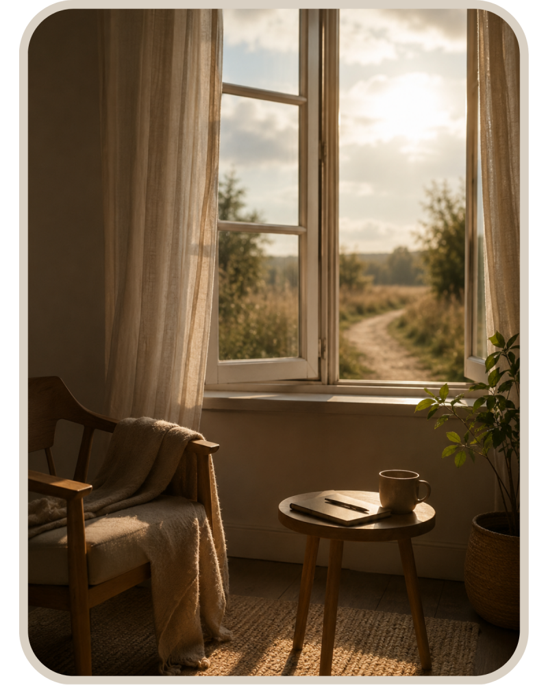 Warm beleuchteter ruhiger Raum mit offenem Fenster, weichen Vorhängen und Blick auf einen schmalen Weg in der Natur – symbolisches Bild für innere Ruhe, neue Perspektiven und Veränderung bei Misophonie.