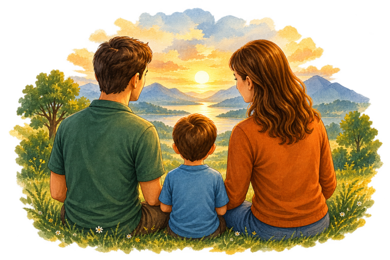 Familie mit Kind blickt gemeinsam in die Landschaft – der persönliche ElementePass begleitet Kinder und Familien beim Wachsen und Entdecken.