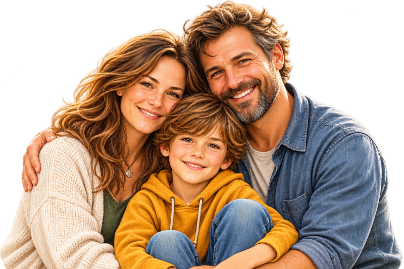Glückliche Familie mit Kind als Symbol für die persönliche Gestaltung des ElementePasses nach Familie und wichtigen Bezugspersonen.