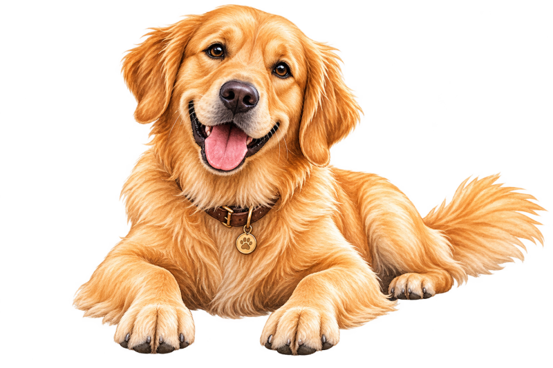 Fröhlicher Golden Retriever als Symbol für Haustiere und tierische Freunde, die im persönlichen ElementePass des Kindes eine wichtige Rolle spielen.