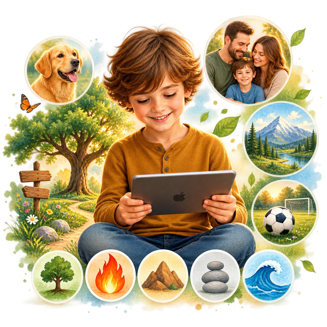 Kind mit Tablet, umgeben von Familie, Hund, Natur, Fußball und den fünf Elementen – Symbol für einen individuell personalisierten ElementePass.