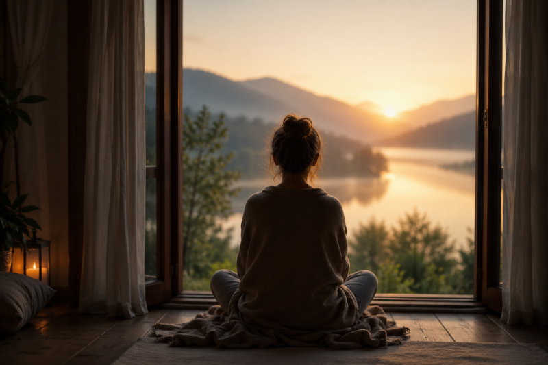 Mensch sitzt in ruhiger Atmosphäre am offenen Fenster und blickt auf einen See bei Sonnenaufgang – Sinnbild für den Raum zwischen Reiz und Reaktion, innere Wahrnehmung und persönliche Entwicklung.