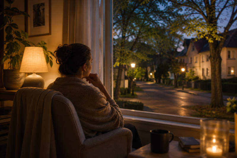 Nachdenkliche Person blickt am Abend aus einem ruhigen Wohnhaus auf eine stille Straße in Zeuthen und Eichwalde – Symbolbild für emotionalen Rückzug, innere Distanz und persönliche Gespräche.