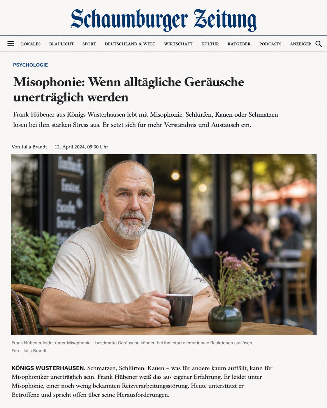 Artikel der Schaumburger Zeitung über Misophonie mit Frank Hübener in einem Café in der Stadt – Bericht über Geräuschtrigger, emotionale Belastungen und mehr Verständnis für Betroffene.