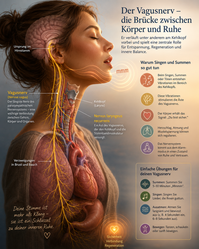 Der Vagusnerv verläuft vom Gehirn über den Kehlkopf bis in Brust und Bauch. Die Illustration zeigt, warum Summen und Singen beruhigend auf das Nervensystem wirken können.