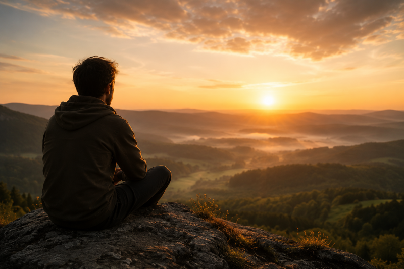 Mensch blickt ruhig auf einen weiten Horizont und symbolisiert innere Freiheit, Selbstwahrnehmung und den Raum zwischen Reiz und Reaktion.