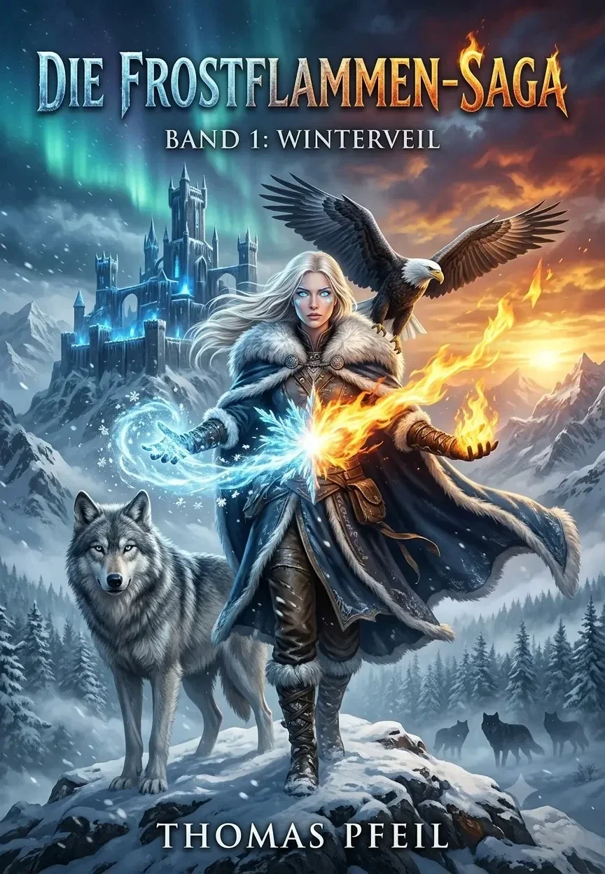 Buchcover „Die Frostflammen Saga Band 1 Winterveil“ von Thomas Pfeil – Fantasyroman