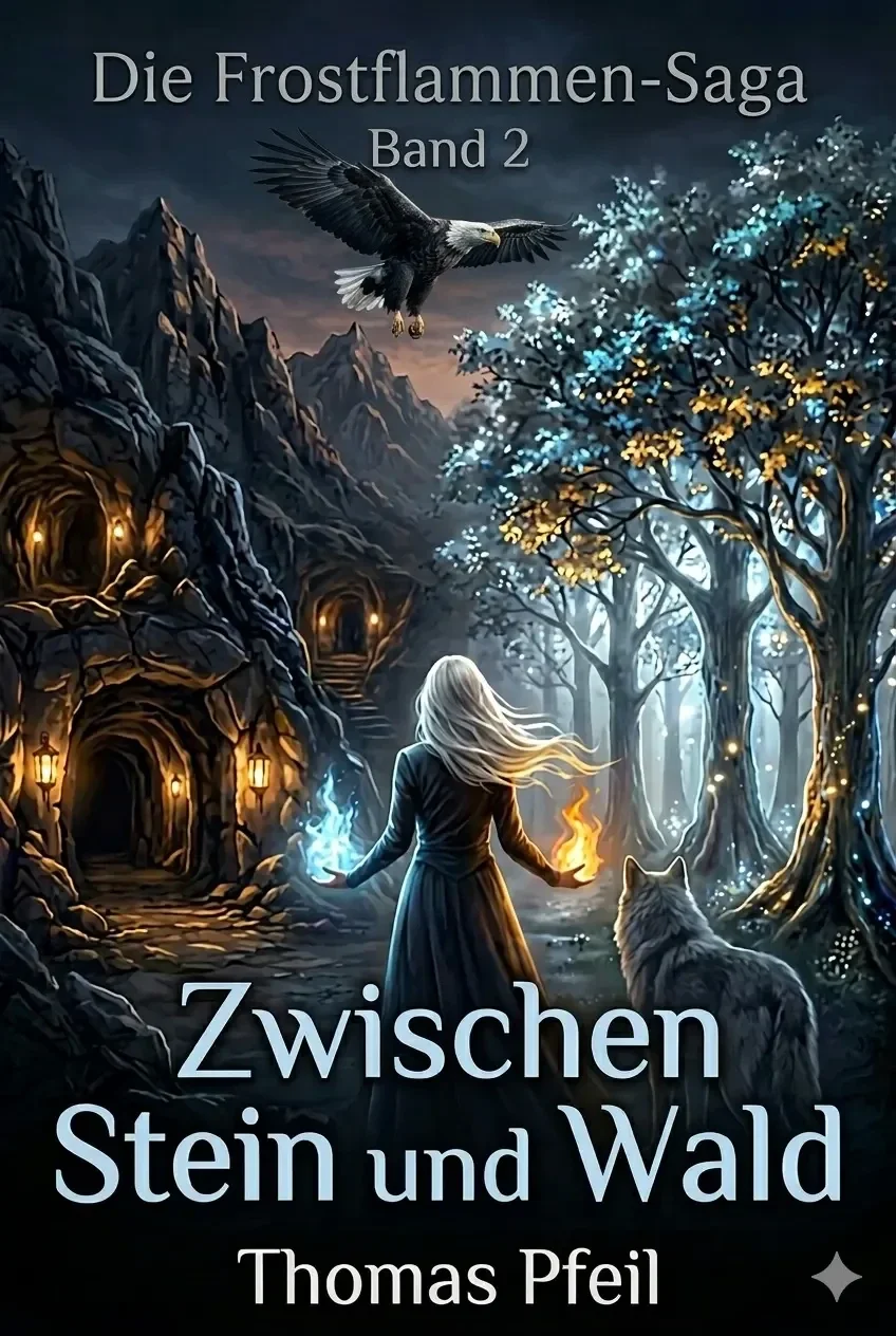 Buchcover „Die Frostflammen Saga Band 2 Zwischen Stein und Wald“ von Thomas Pfeil – Fantasy E-Book