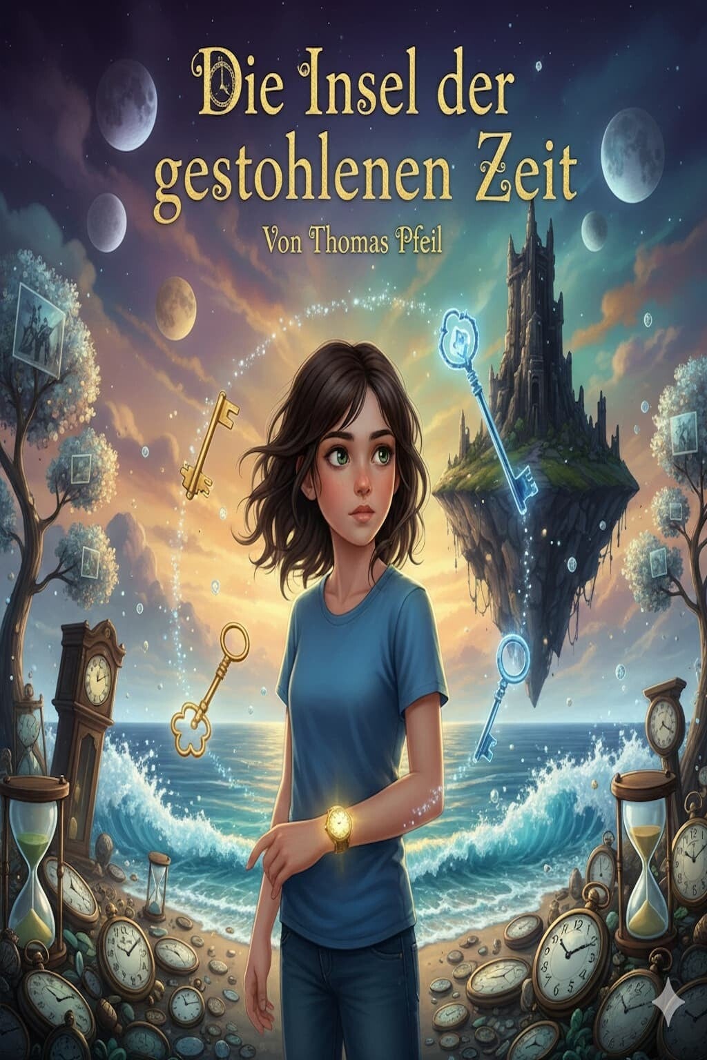 Buchcover des Fantasy-E-Books „Die Insel der gestohlenen Zeit“ (Nirgendwann-Saga Band 1) von Autor Thomas Pfeil. Dunkles, magisches Cover-Design mit kontrastreichen Elementen aus Eis und Feuer sowie Symbolen für Zeit und Uhren.