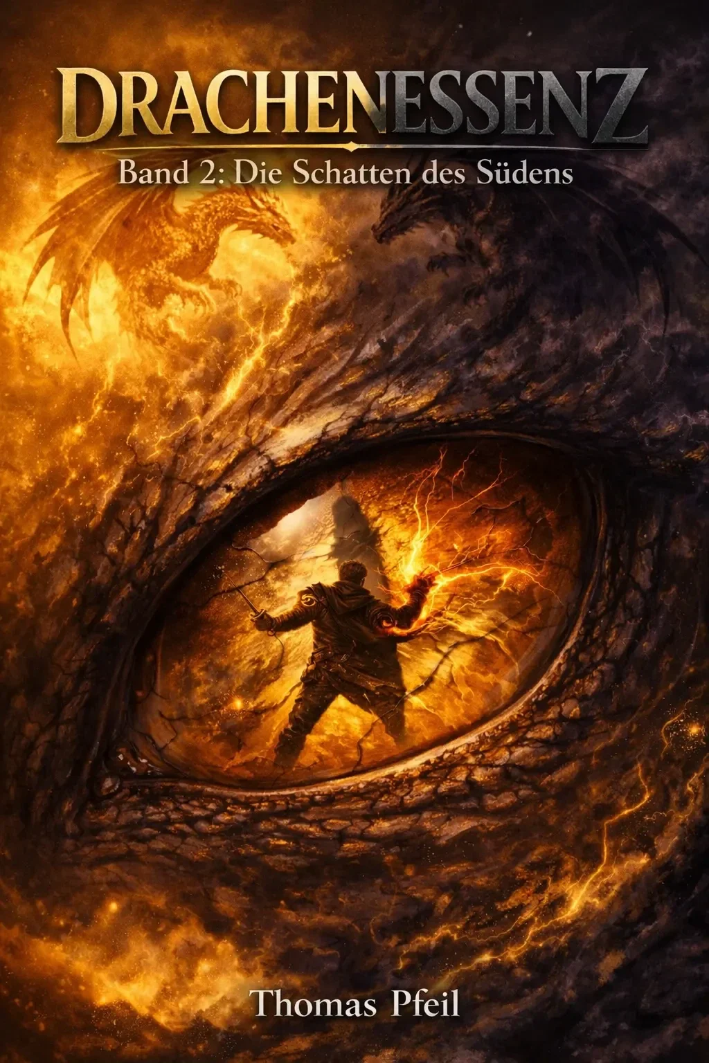Buchcover „Drachenessenz Die Schatten des Südnes“ von Thomas Pfeil – Fantasy Roman Amazon