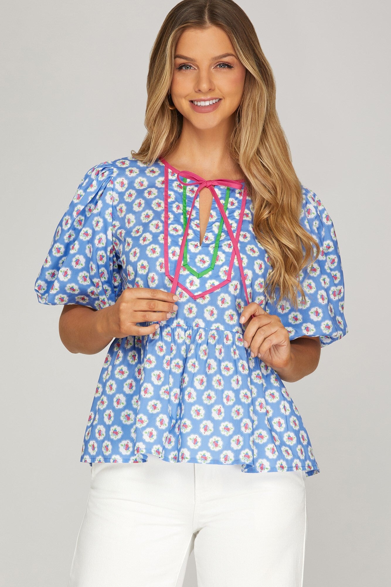 Blue Print Top with Pink Trim
