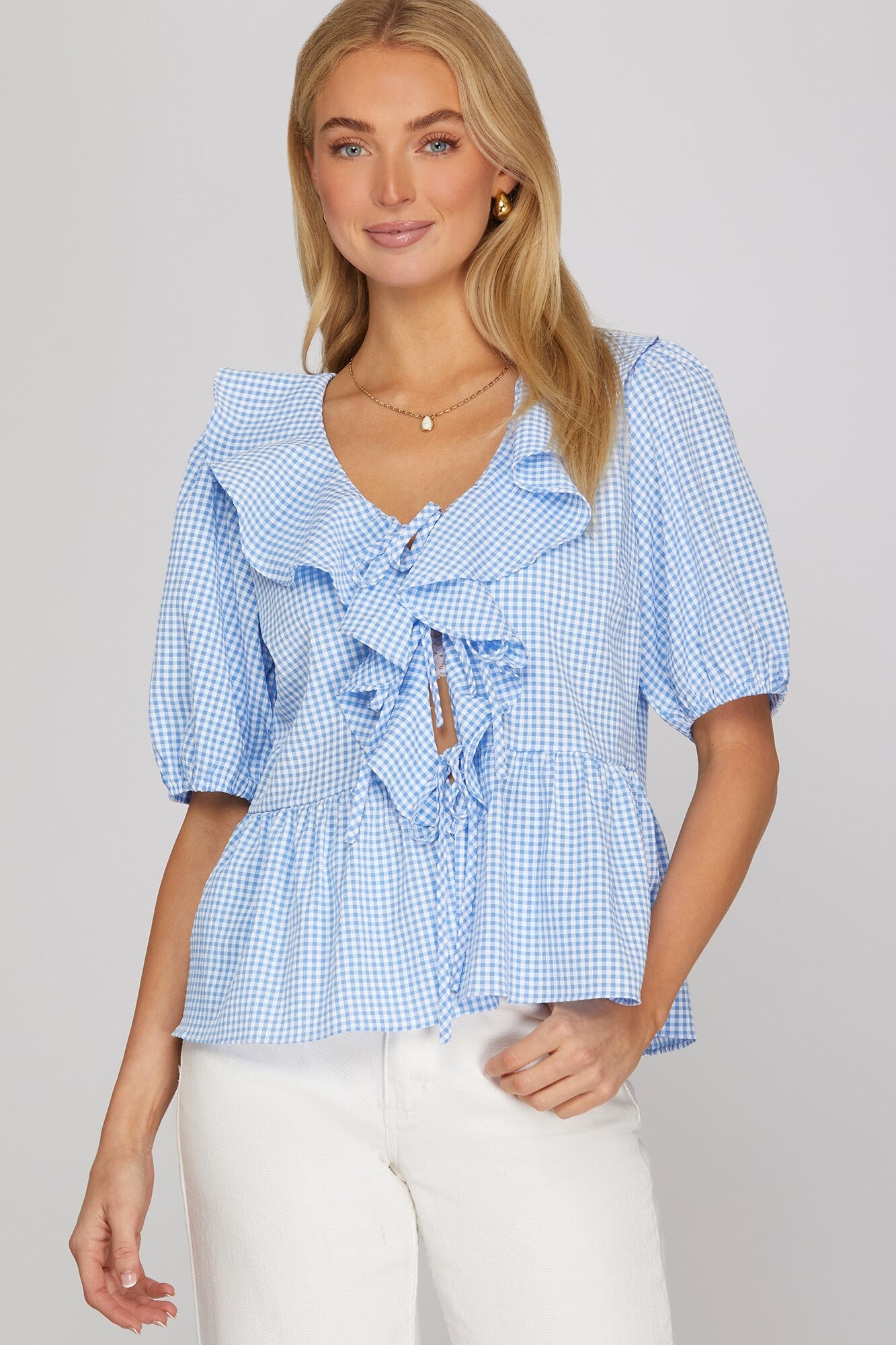 Blue Gingham Ruffle Top