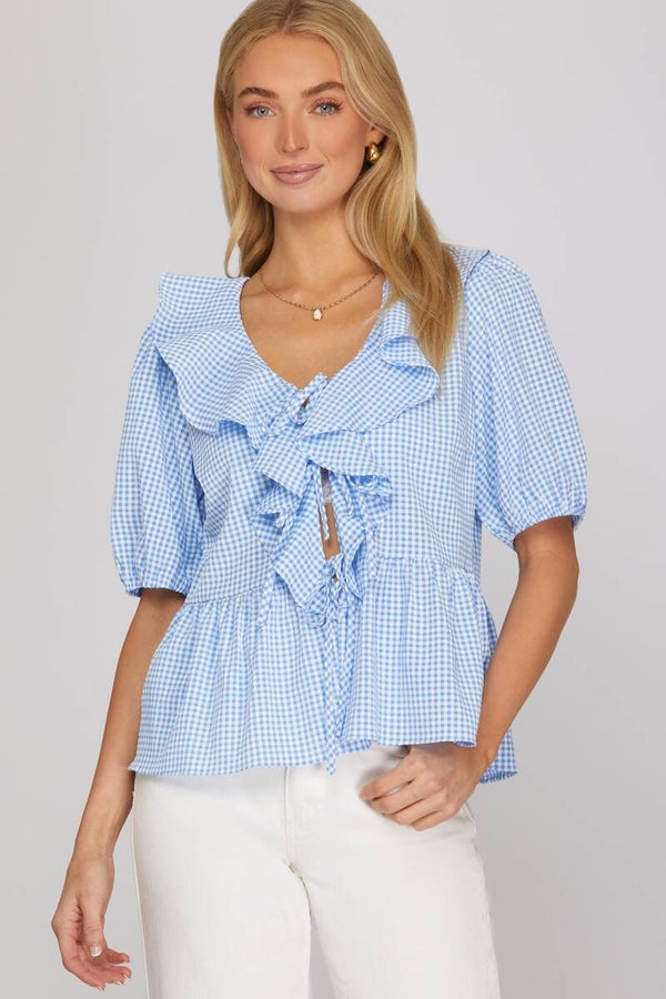 Blue Gingham Ruffle Top