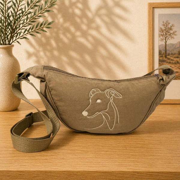 Schoudertas Taupe-Geborduurd met Windhond