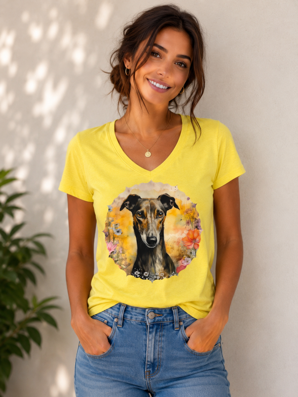 Geel dames V-hals T-shirt met Windhondprint