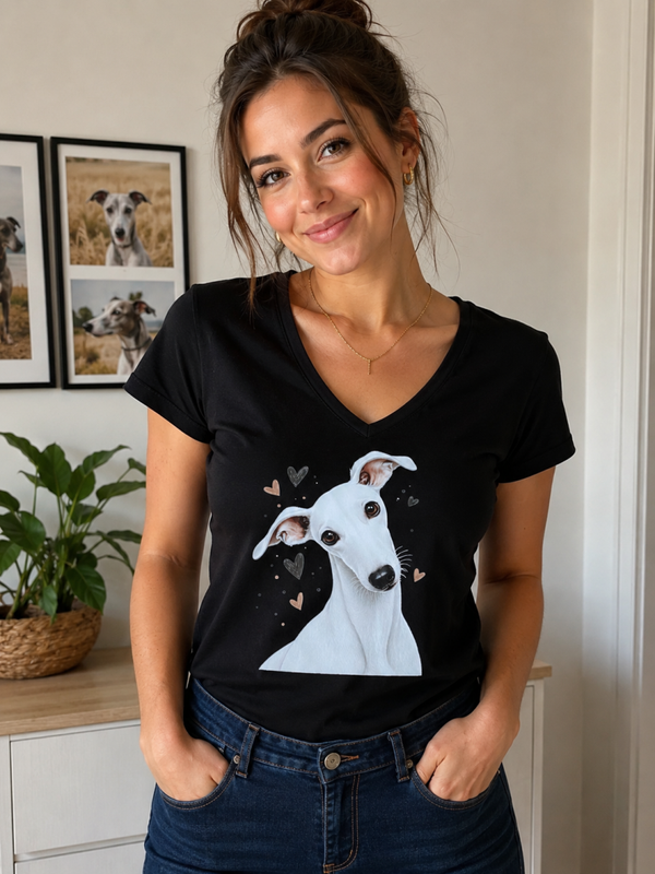 Zwart dames V-hals T-shirt met Windhondprint