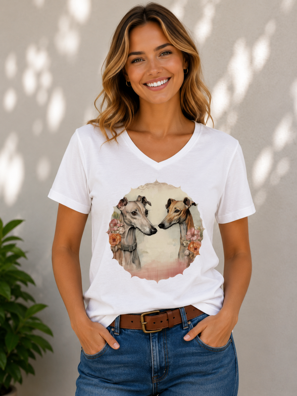 Wit dames V-hals T-shirt met Windhondprint