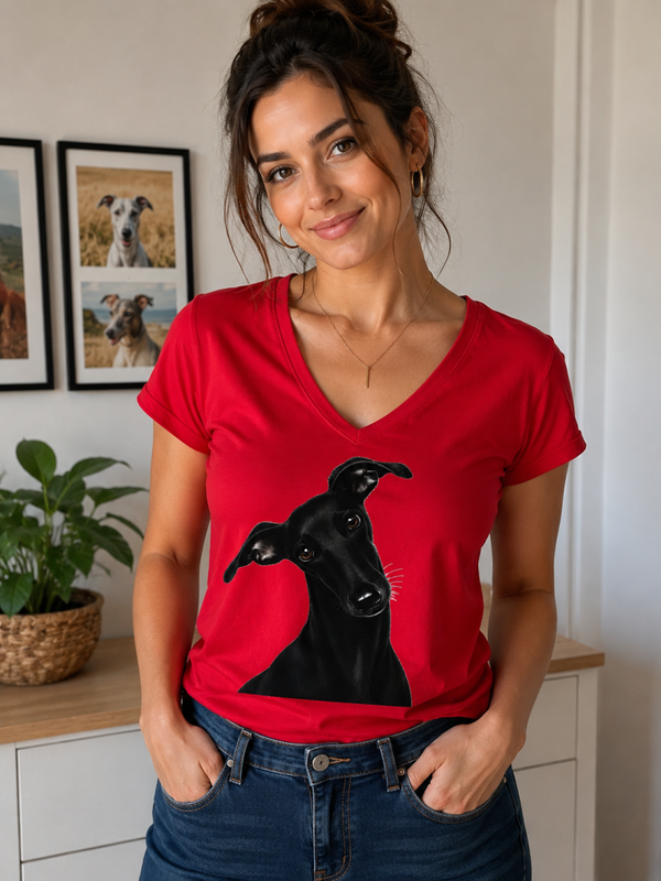 Rood dames V-hals T-shirt met Windhondprint