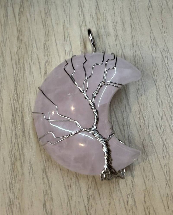 Pendentif Lune Arbre De Vie Quartz Rose