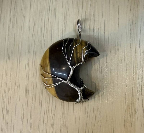 Pendentif Lune Arbre de Vie Oeil de Tigre