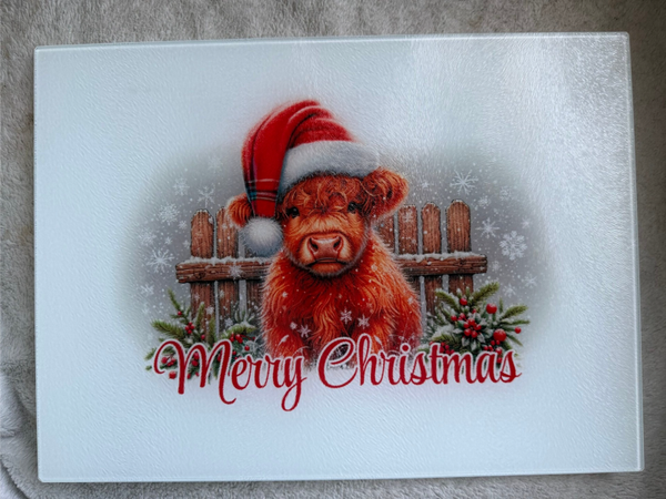 Highland Cow Merry Christmas Chopping Board