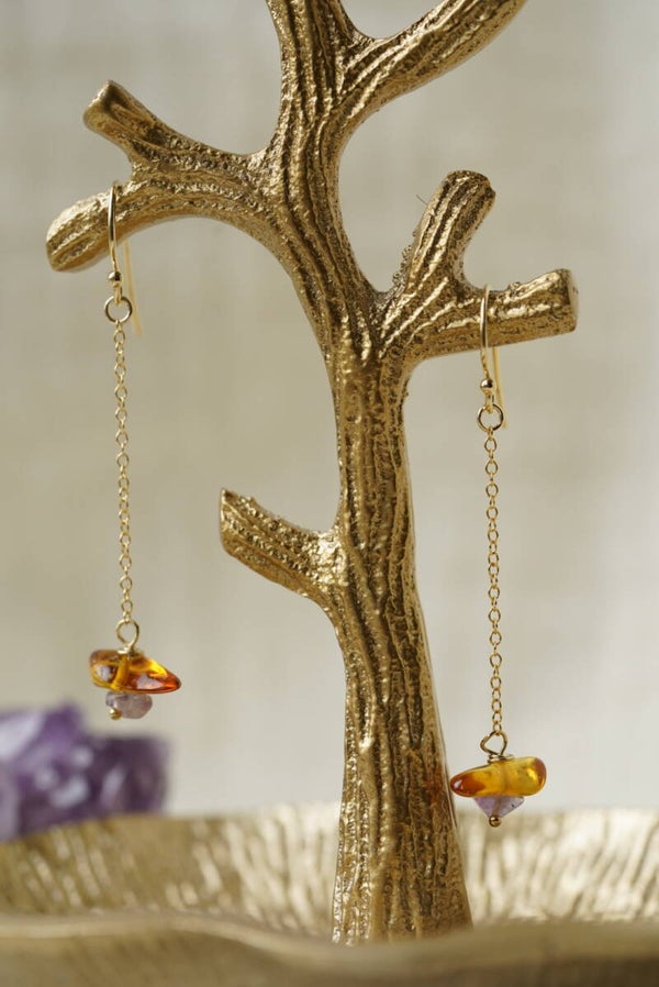 Oorbellen amber & amethyst
