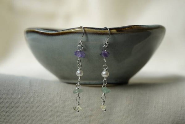 Oorbellen Citrien, Aventurijn, Zoetwater parel en Amethist