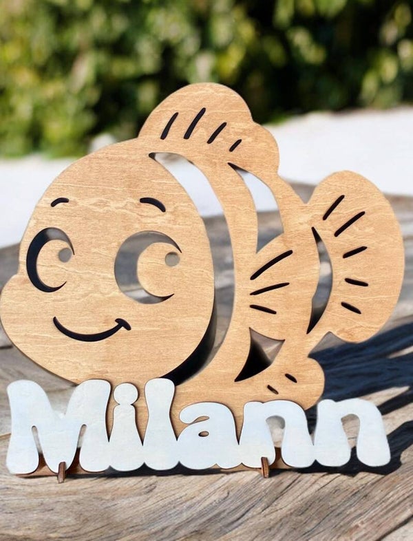 Décoration prénom personnalisée en bois – Poisson – Chambre bébé / enfant