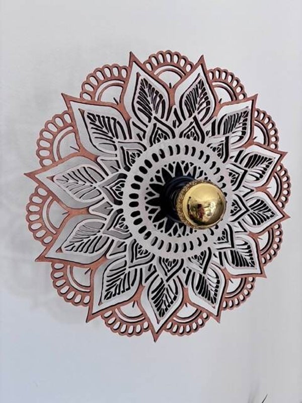 Applique murale fleur en bois mandala 30 cm – Kit complet LED E27 – Fabrication artisanale – Luminaire décoratif intérieur