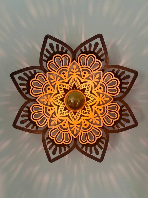 Applique murale en bois mandala 30 cm – Kit complet LED E27 – Fabrication artisanale – Luminaire décoratif intérieur