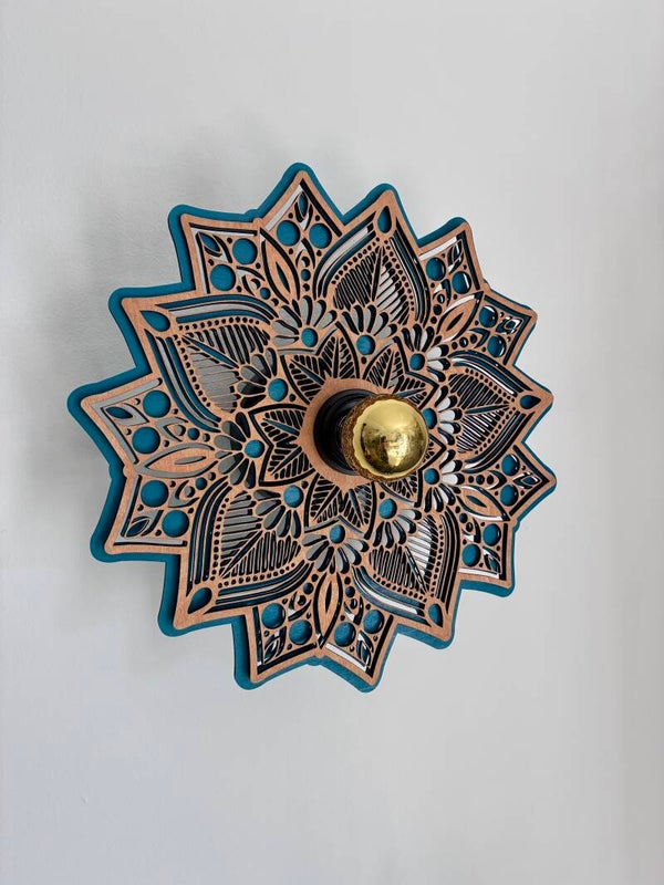 Applique murale Solea en bois mandala 30 cm – Kit complet LED E27 – Fabrication artisanale – Luminaire décoratif intérieur