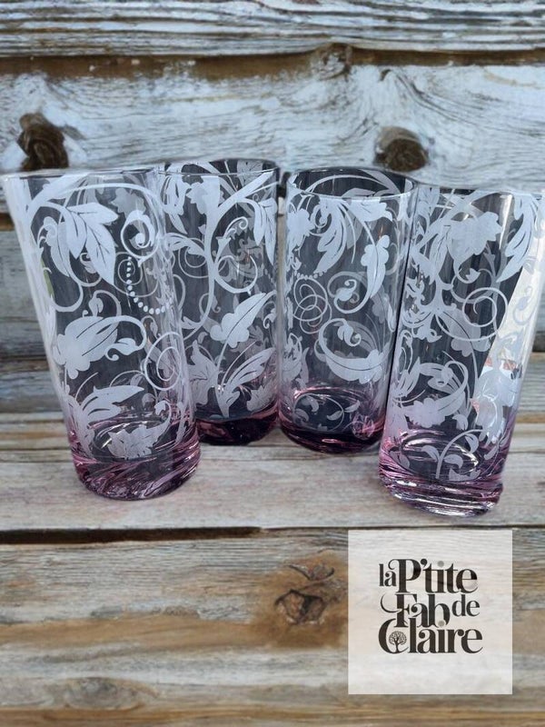 Set de 4 Verres Inclinés Gravés – Feuilles de Vignes – Élégance Artisanale