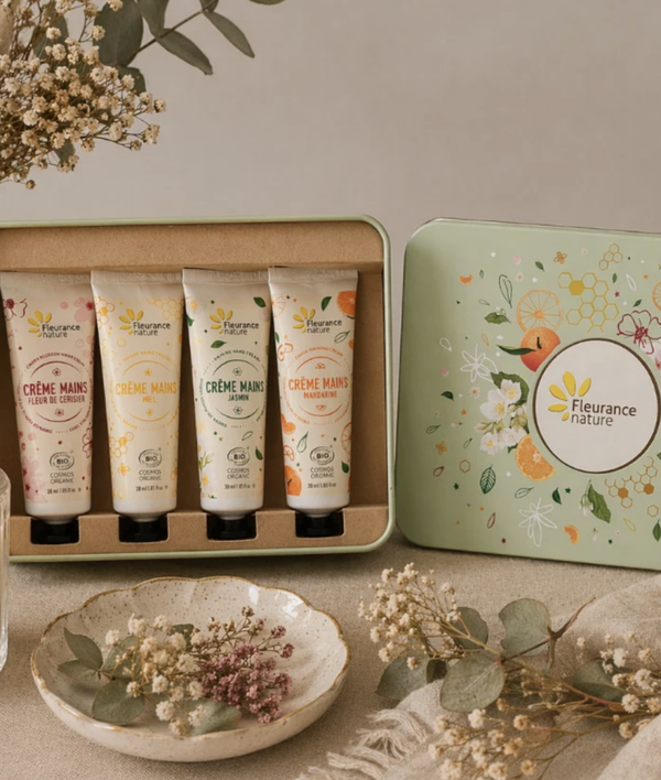Coffret 4 Crèmes Mains Bio – Cerisier, Miel, Jasmin & Mandarine