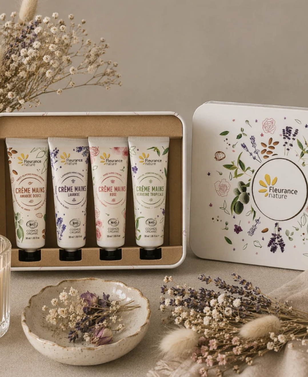 Coffret 4 Crèmes Mains Bio – Amande, Lavande, Rose & Verveine
