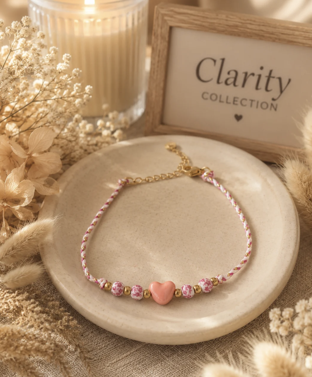 Bracelet de cheville rose cœur céramique