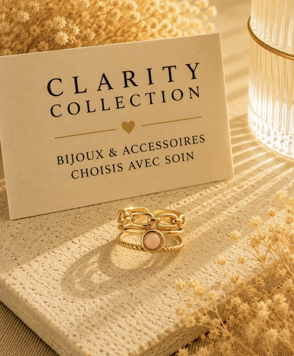 Bague dorée double rang pierre rose