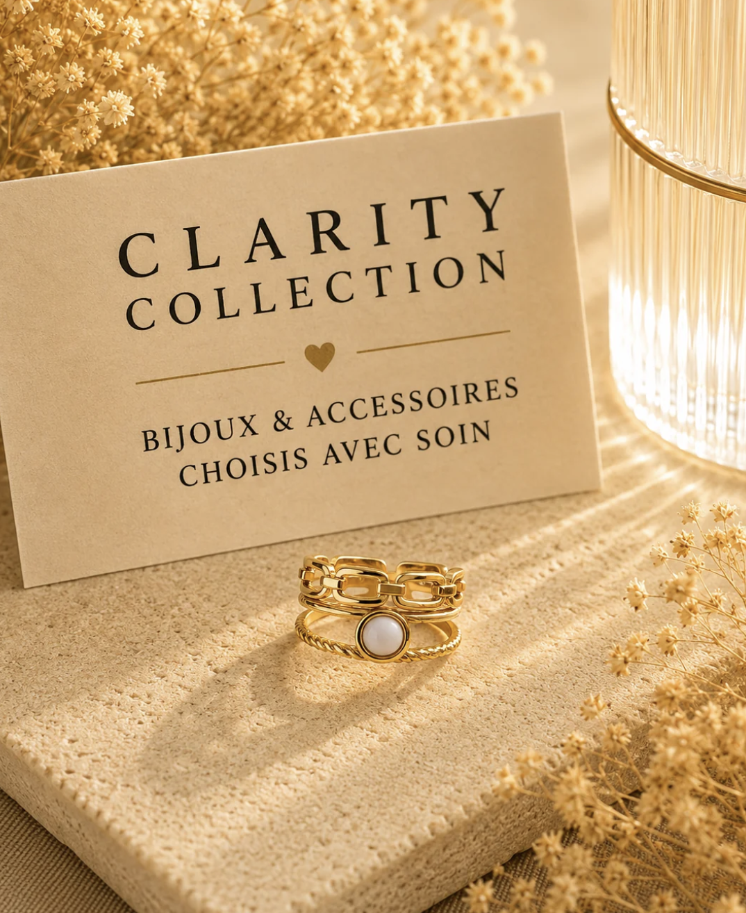 Bague dorée double rang pierre blanche