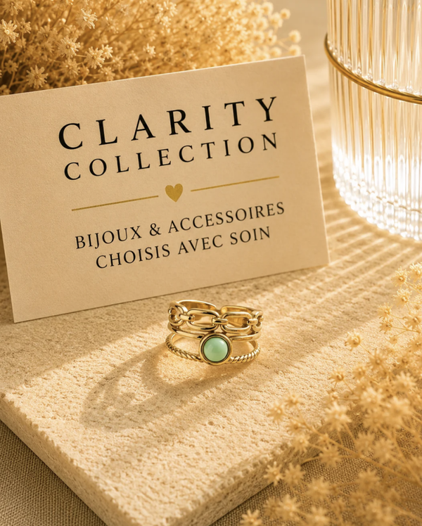 Bague dorée double rang pierre verte