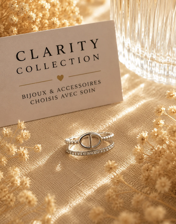 Bague argentée double rang strass
