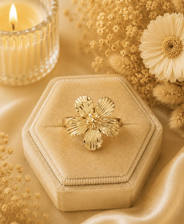 Bague dorée grande fleur